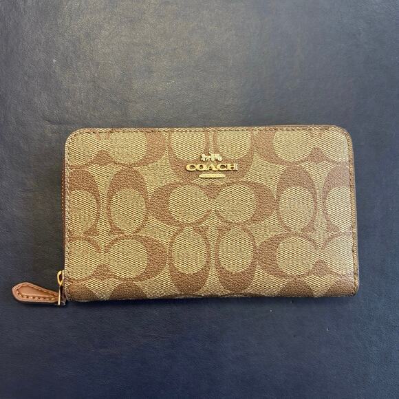 Coach Handbags - Coach Signature Zip Around Wallet Brown Canvas Leather PVC Gold Tone New